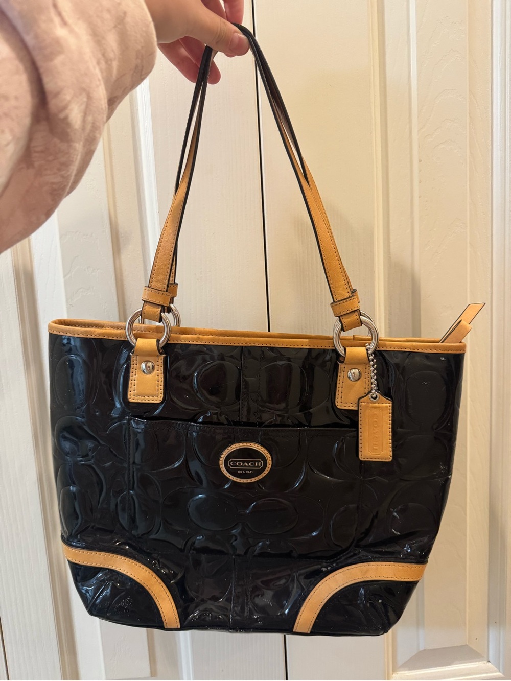 Coach Black Patent Leather Tote with Tan Trim and Logo